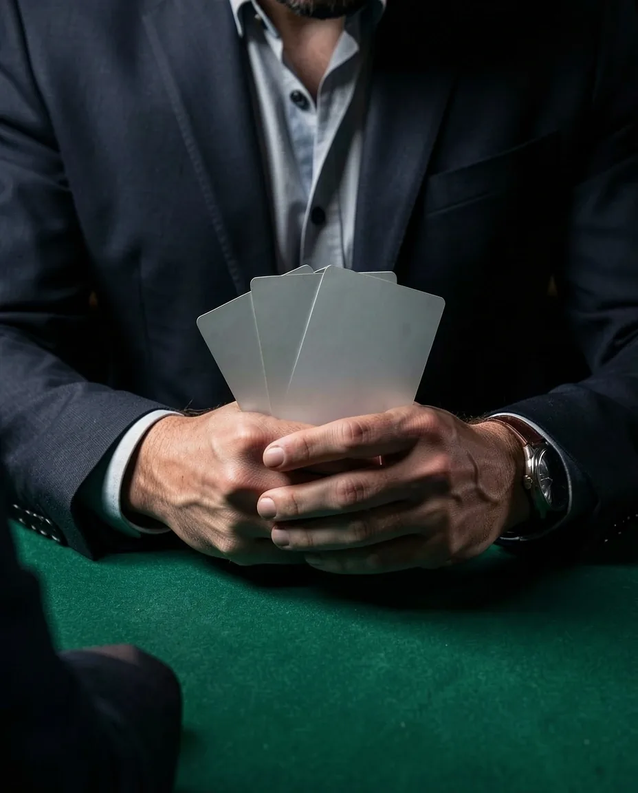 Dłonie gracza trzymające karty przy stole pokerowym