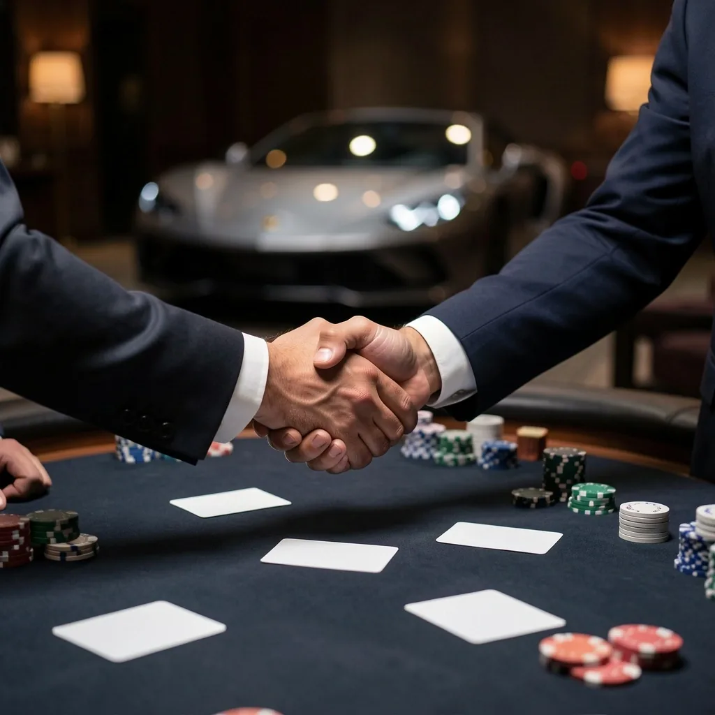 Grupa osób w eleganckich strojach przy stole pokerowym