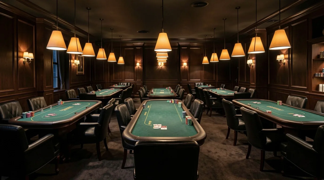 Sala klubu pokerowego z kilkoma stołami po godzinach