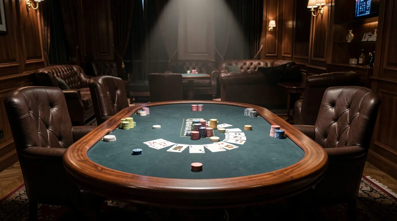 Stół pokerowy w klubie Dom Verelle — zielone sukno, żetony i karty w ciepłym świetle