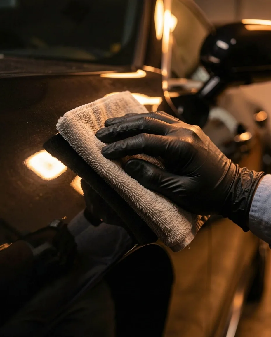 Detailer w rękawiczkach polerujący czarny panel samochodu