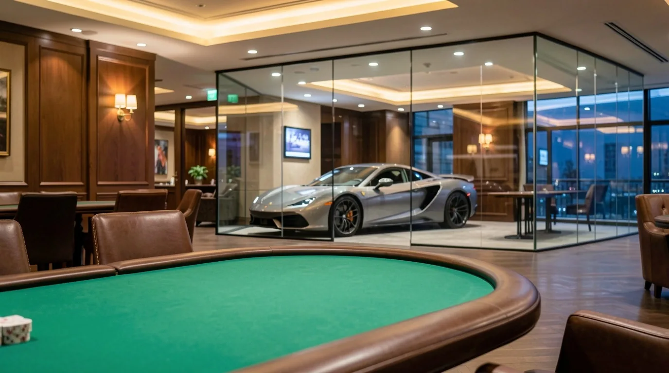 Klimatyczna sala klubowa z ciemnozielonym stołem pokerowym w ciepłym świetle