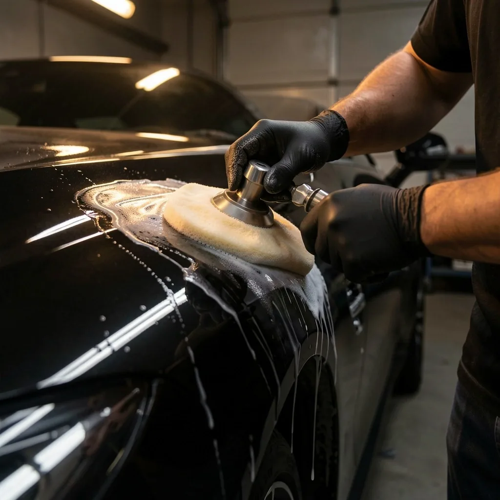 Ręce detailera aplikujące powłokę ceramiczną na panel auta