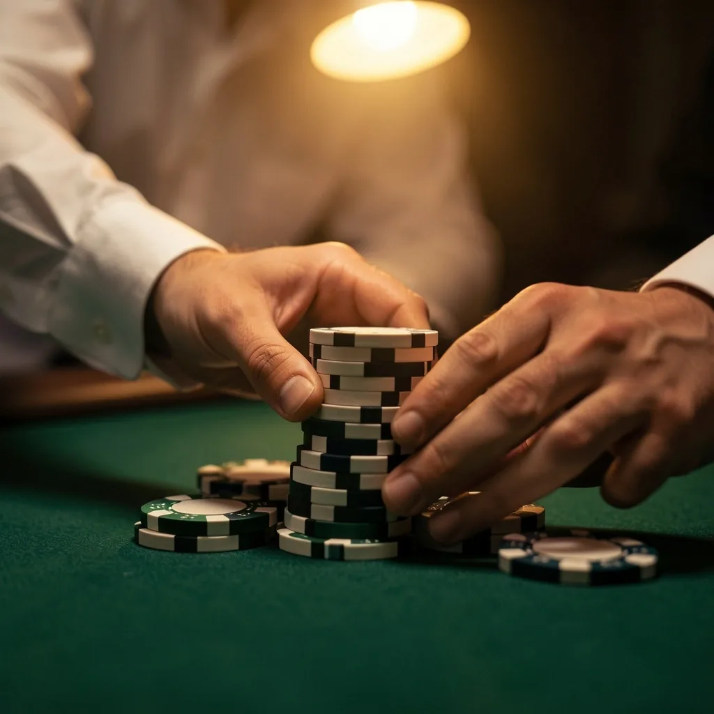 Ręce krupiera układające żetony pokerowe na ciemnozielonym suknie