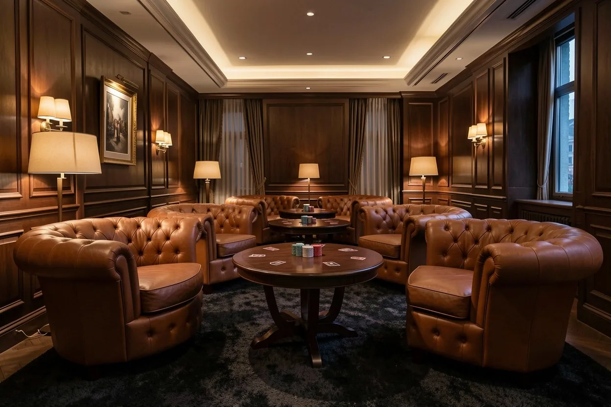 Strefa lounge z fotelami Chesterfield w sali klubowej Dom Verelle