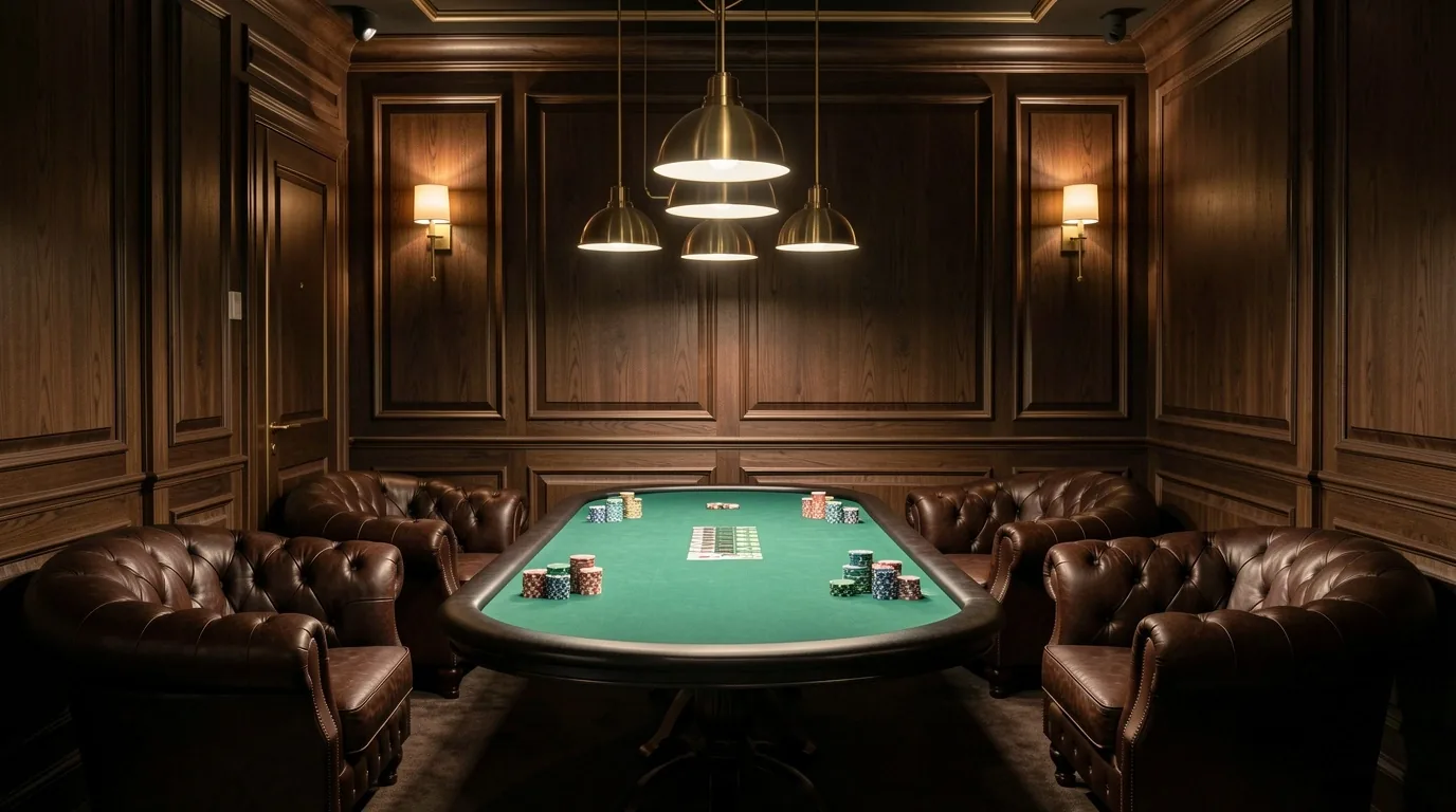 Wnętrze ekskluzywnej sali klubowej Dom Verelle z stołem pokerowym i strefą lounge