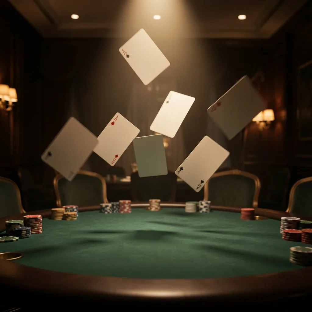Karty w locie nad stołem pokerowym